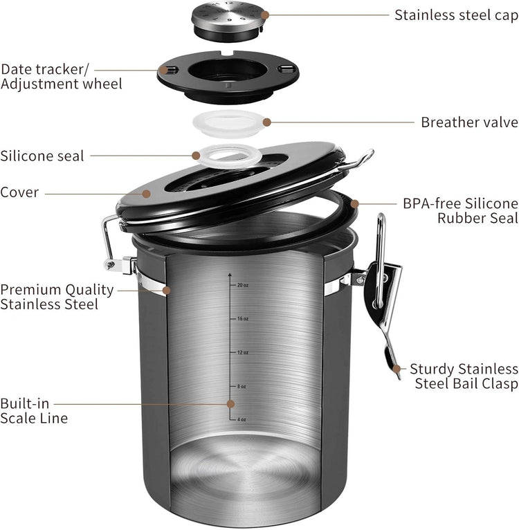 Veken Coffee Canister, Airtight Stainless Steel Kitchen Food Storage Container with Date Tracker and Scoop for Grounds Coffee, Beans, Tea, Flour, Cereal, Sugar, Cookies Jars, 22OZ Gray