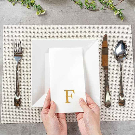 Luxenap 15.8 X 7.9 Inch Linen-Feel Guest Towels, 50 Lettered Hand Towels - Gold Letter 'F', Sans Serif Font, White Paper Dinner Napkins, airlaid, For Restrooms And Tables - Restaurantware