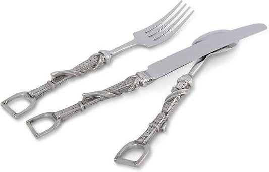 Vagabond House Pewter Metal Stirrup Equestrian Pattern 5 Piece Place Setting Flatware Everyday Lunch to Formal Dinner - Riding Décor 9.5 inch Long
