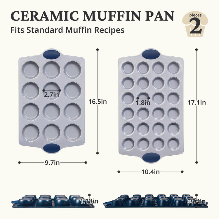 2 Pack 12 Cup and Mini 24 Cup Non Toxic Nonstick Ceramic Muffin Pan & Cupcake Tin (2 Count)
