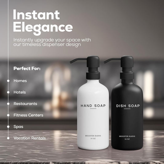 Luxury Glass Hand and Dish Soap Dispenser Set by Brighter Barns - Kitchen Soap Dispenser Set with Stainless Steel Pump for Kitchen Sink - Neutral Modern Farmhouse Home Decor for Airbnb (Black/White)