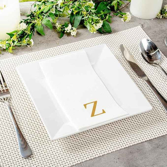 Luxenap 15.8 X 7.9 Inch Linen-Feel Guest Towels, 50 Lettered Hand Towels - Gold Letter 'Z', Sans Serif Font, White Paper Dinner Napkins, airlaid, For Restrooms And Tables - Restaurantware