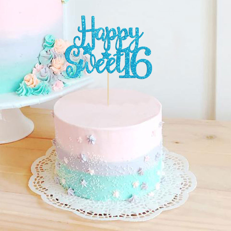 1Pc Happy Sweet 16 Cake Topper Glitter 16th Birthday Cake Pick for Cheers to 16 Years Old 16th Birthday Party Cake Decorations Supplies Light Blue
