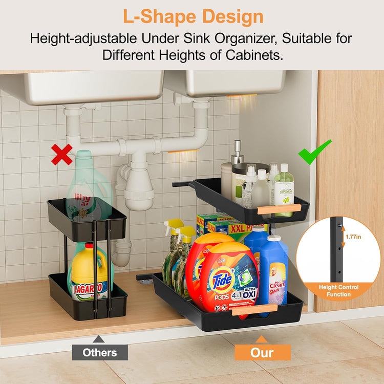 2 Pack Under Sink Organizer Pull 0ut, 3 Height Adjustable Under Kitchen Sink 0rganizer and Storage Black, 2 Tier Double Sliding Drawer Cabinet Organizer for Kitchen Bathroom Pantry