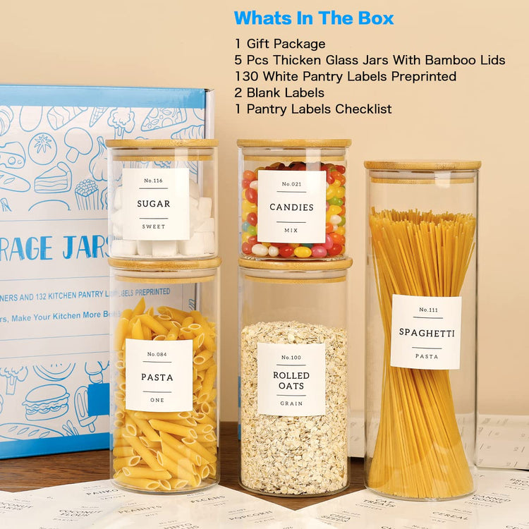 5 Pcs Glass Food Storage Containers With 132 Pantry Labels Preprinted