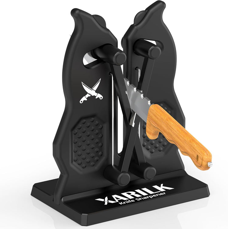 Edge Kitchen Knife Sharpener – Pull-Through Manual Sharpener with Spring Arms – Tungsten Carbide, Self-Adjusting Angle, Fast Edge Repair for Kitchen, Outdoor, and EDC Knives (Black)
