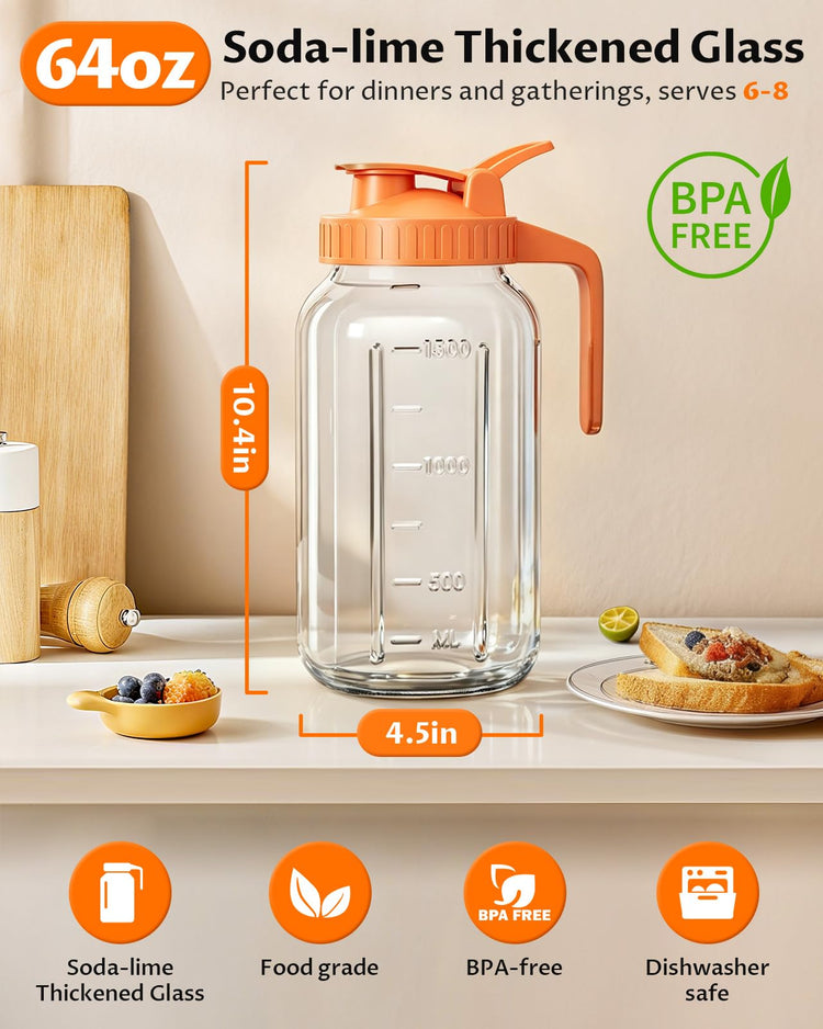 64oz (2quart) Mason Jar Pitcher, Glass Pitcher with Lid for Tea & Cold Brew