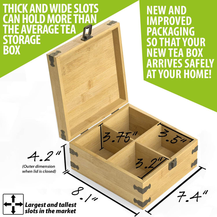 Bamboo Tea Organizer Box Chemical Free Eco-Friendly Big, Tall, Adjustable Cubbies Natural Wooden Storage Chest (4-Slot Square 7.4" x 8.1" x 4.2" with Tea Leaf Design)