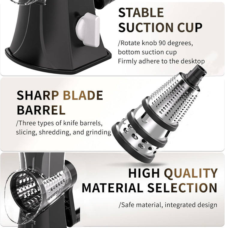 3-in-1 Rotary Cheese Grater Vegetable Slicer, 3 Interchangeable Blades Food Shredder with Anti-Slip Reinforced Suction Base, Kitchen Mandoline Chopper (Black)