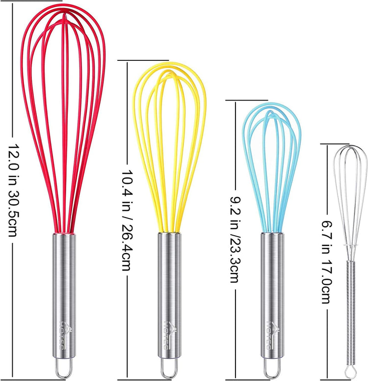 HOTEC 4 Pieces Silicone Whisks Set, Wire Balloon Whisks Egg Beater, Non-slip Handle Whisk for Non-stick Cookware Perfect for Cooking, Stirring, Beating and Blending (Multicolor)