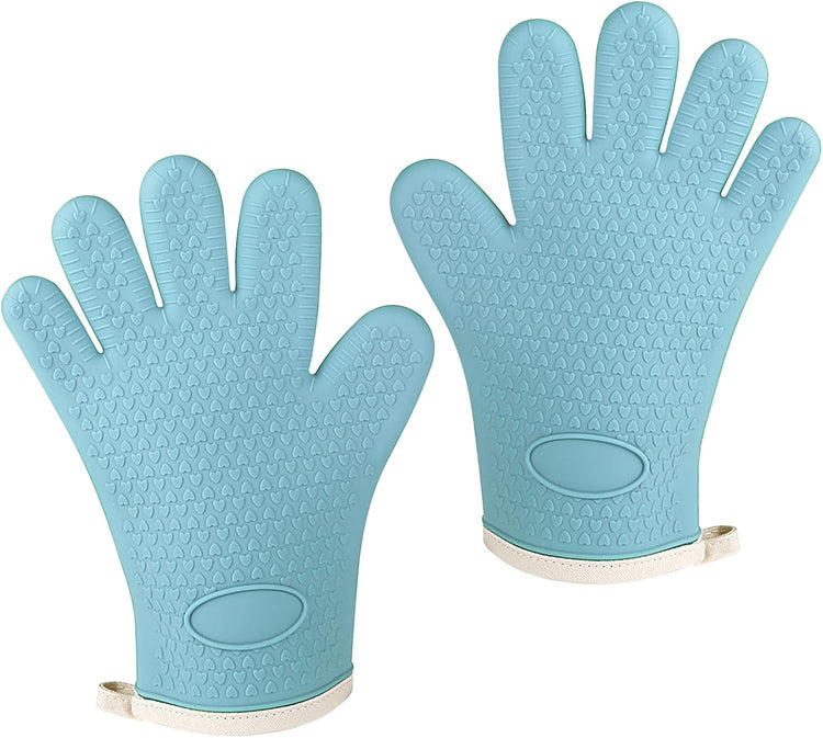 Oven Mitts with Fingers, Heat Resistant 500°F, Waterproof & Non-Slip Kitchen Gloves for Baking, Grilling, Cooking - 5-Finger Design with Soft Lining, Hanging Hook,Pale Blue