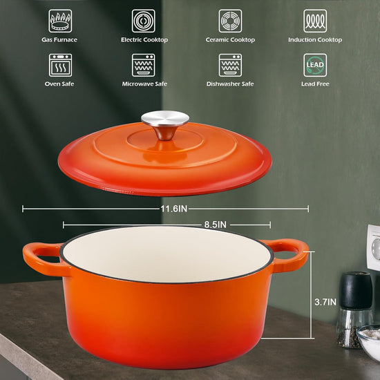 3QT Dutch Oven Pot with Lid, Leonyo 3 Quart Enameled Cast Iron Dutch Oven for Sourdough Bread Baking, Heavy Duty Cookware for Braising, Stews, Roasting, Orange - Nestoria