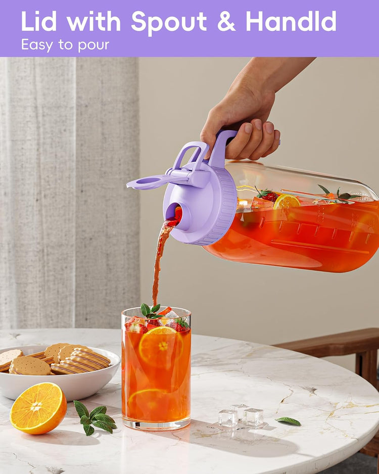 64oz Glass Mason Jar Pitcher with Lid Wide Mouth, 2 Quart Leakproof Glass Water Jug for Juice, Sun Iced Tea, Cold Brew Coffee, Milk Storage, Purple