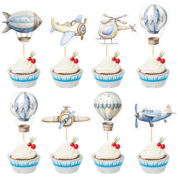 35Pcs Watercolor Blue Airplanes Cupcake Toppers Cartoon Hot Air Balloon Helicopter Cupcake Picks for Blue Boys Birthday Cupcake Decorations Airplane Baby Shower Cake Decorations (35 Count)