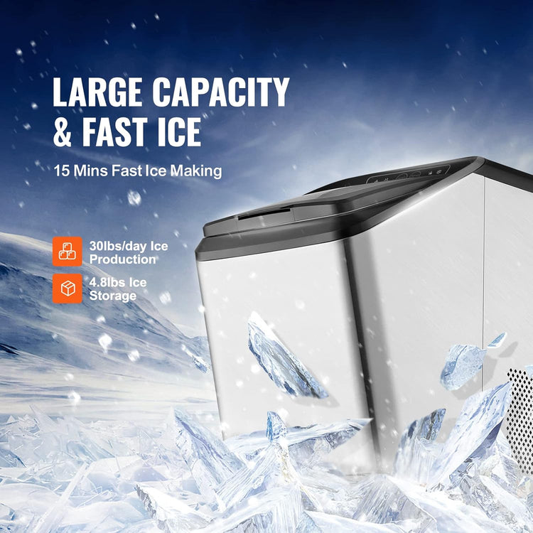 VEVOR Nugget Ice Maker, 30lbs/24H Pebble Ice Maker with Self Cleaning, Chewable Ice Maker with Ice Scoop & Basket, Dual Water Refill, Stainless Steel, Ideal for Home and Office Use