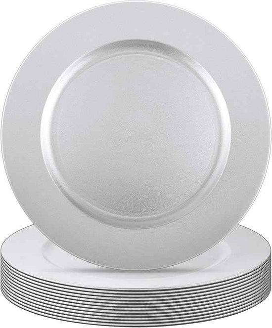 Tanlade 12 Pcs 13 Inch Charger Plates Bulk Round Wedding Chargers Plastic Dinner Plates for Table Setting Wedding Party Decoration (Silver White)
