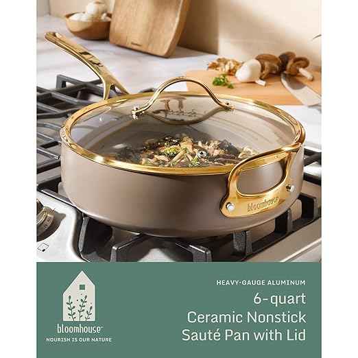 Bloomhouse - Two Time Oprah's Favorite Things Winner - 6 QT Heavy Duty Aluminum Premium PFA Free Ceramic Nonstick Saute/Deep Frying Pan Skillet with Lid - Cappuccino Cream with Gold Handle