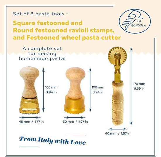 La Gondola Set of 3 Pasta Tools - Square Festooned 1.77x2.16in & Round Festooned 1.97in Ravioli Stamps & Pasta Cutter Festooned Wheel | Brass & Natural Wood | Easy to Use | Pasta Cutters Made in Italy