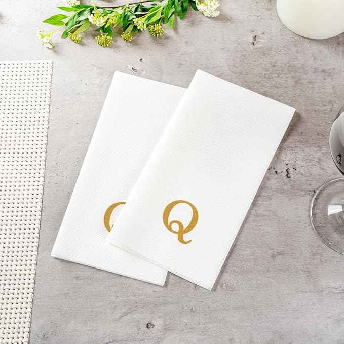 Luxenap 15.8 X 7.9 Inch Linen-Feel Guest Towels, 50 Lettered Hand Towels - Gold Letter 'Q', Sans Serif Font, White Paper Dinner Napkins, airlaid, For Restrooms And Tables