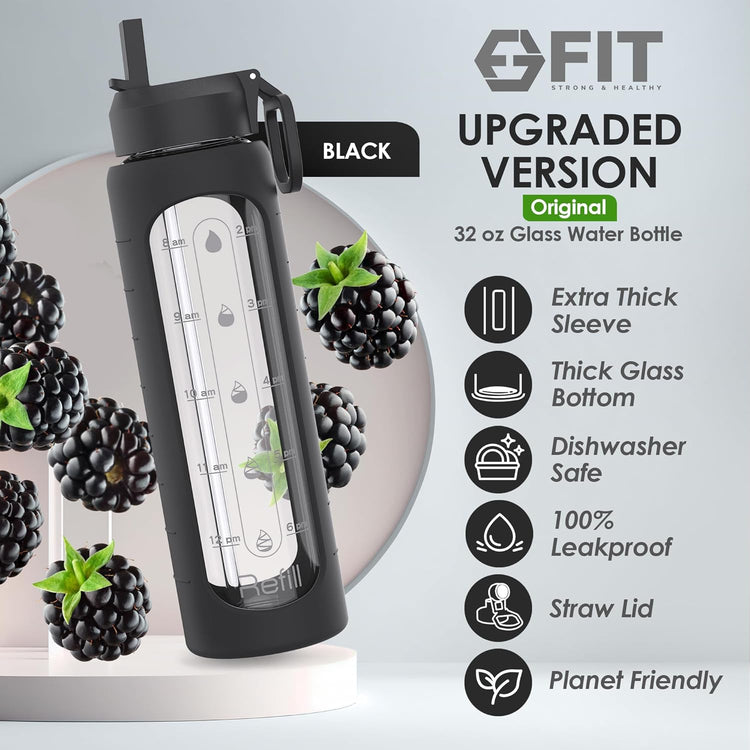 FIT Strong & Healthy 32 oz Glass Water Bottle with Straw Lid, Time Marker, Sleeve & Extra Lid - Motivational, Wide Mouth 1 Liter Glass Drinking Bottle
