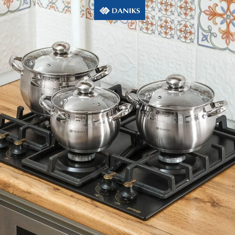 Daniks Classic Frying Pan Included, 12-Piece Stainless Steel Induction Cookware Set – Dishwasher Safe Pots and Saucepan with Lids, Measuring Scale, Silver