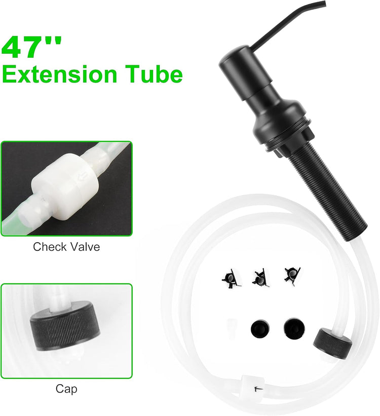 Soap Dispenser for Kitchen Sink, Sink Soap Dispenser with Longer Threaded Shaft Shank, 47" Extension Tube Connects Directly to Dish Soap Container, Wider Pump Head Base （Black）