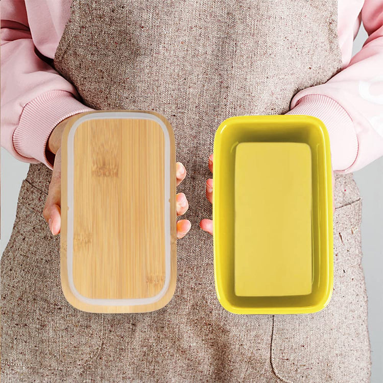 Ceramic Butter Dish with Bamboo Lid and Stainless Steel Knife Spreader