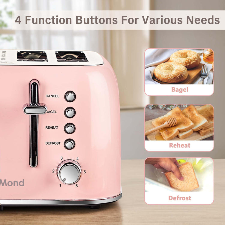 Toaster 4 Slice Retro Stainless Steel with Extra Wide Slots Bagel