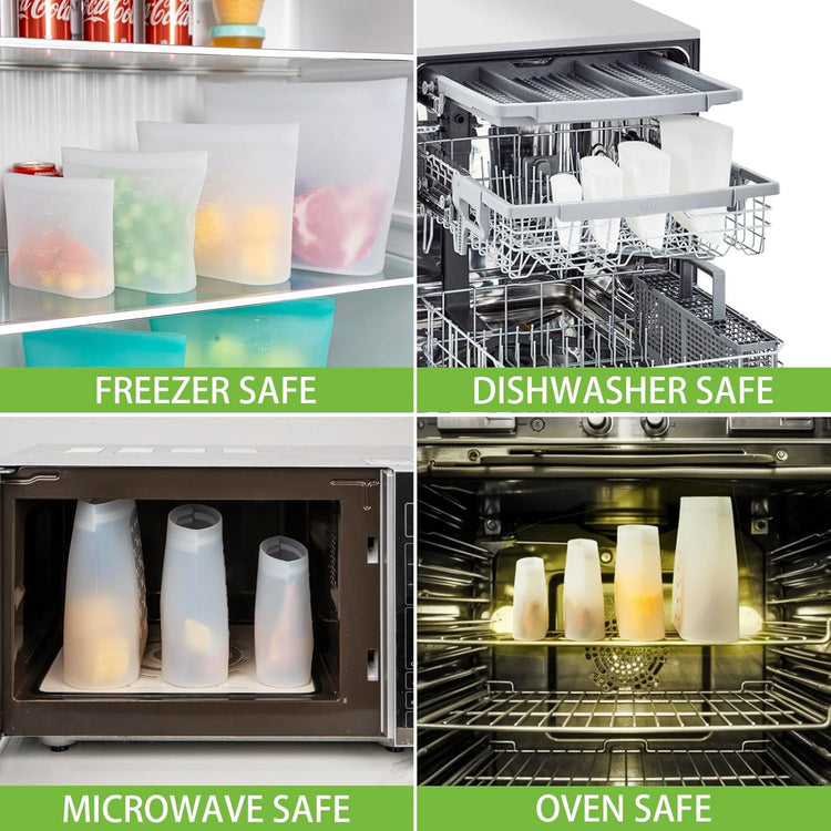 Reusable Storage Bag, 12 Pack 100% Silicone Food Storage Bags Stand Up Zip Lock Bags for Food, Freezer Microwave Oven Dishwasher Safe, 3 Extra Large(0.8 Gallon) 3 Medium 3 Small 3 X-Small, Translucent