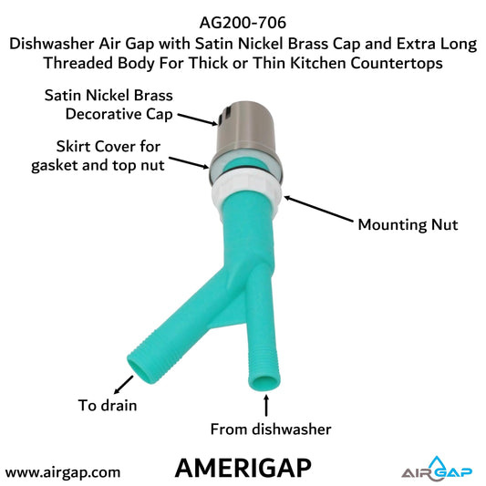 Dishwasher Air Gap with Skirted Satin Nickel Brass Cap and Extra Long Threaded Body for Thick or Thin Kitchen Countertops