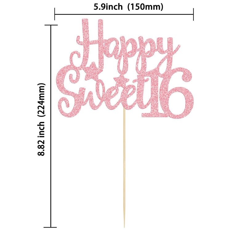 1Pc Pink Glitter Happy Sweet 16 Cake Topper 16th Birthday Cake Topper Sweet 16 Decorations 16th Birthday Decorations