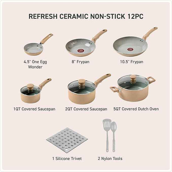 T-Fal Refresh Ceramic Nonstick Cookware Set, 12-Piece, Oven Safe to 350°F, Includes Stockpot, Griddle, Frying Pans, Utensils, Ceramic Pots and Pans Set, Sand Beige