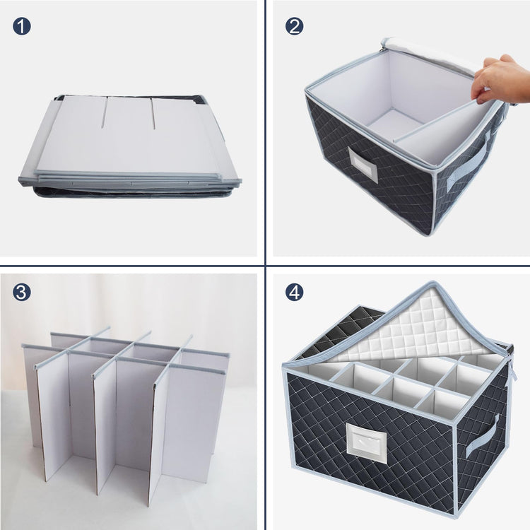 Wine Glass Storage Box with Dividers Holds 24 Stemware Storage Cases or China Crystal Glassware Containers with Handles and Lable Window (2 Count)