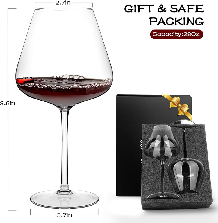 Chouggo Super Large 28Oz Wine Glasses Set of 2, Hand Blown Crystal Red Wine or White Wine Burgundy Glass, Hand Crafted by Artisans - Gifts for Women, Men, Wedding, Anniversary, Christmas, Birthday