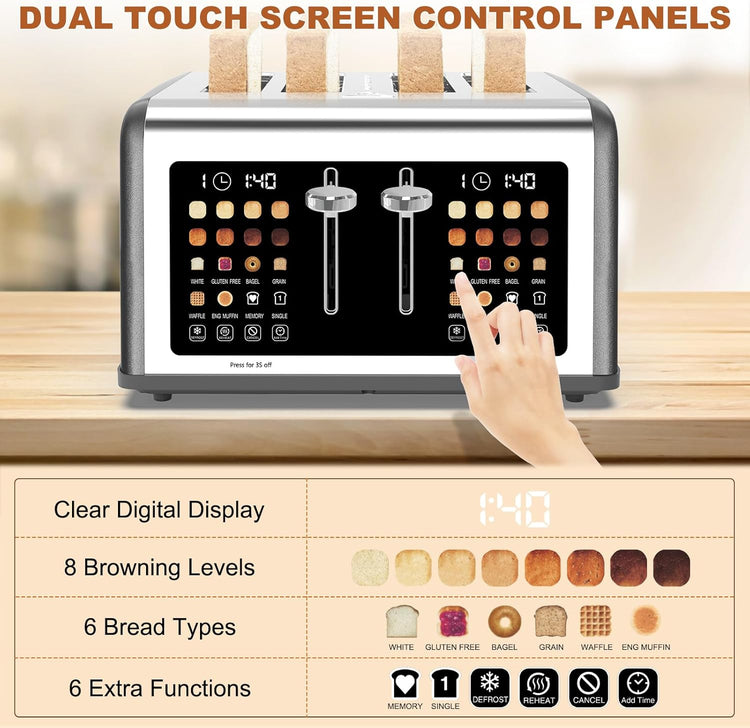 4 Slice Toaster Touch Screen, Stainless Steel Toasters Digital Timer, Dual Control Panel Toasters, 8 Shade Settings 6 Bread Types for Bagel, Cancel, Defrost 1650W Grey