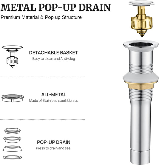 Pop up Sink Drain Stopper for Bathroom Vessel Vanity Sink Art Basin Chrome, Small Cap Without Overflow, Metal Pop-up Drain Strainer with Detachable Basket Stopper