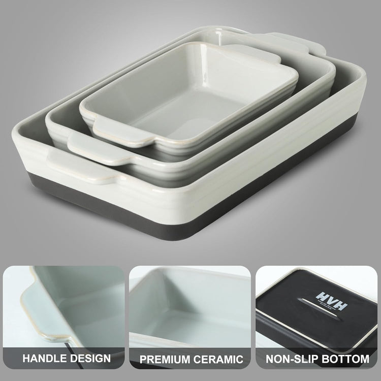 HVH Baking Dish Set, 9x13 Baking Dish, Large Casserole Dishes for Oven, Ceramic Lasagne Pan Deep, Baking Dishes for Casseroles 13 x 9, Ceramic Bakeware Set of 3, Farmhouse Style (Black Pottery)