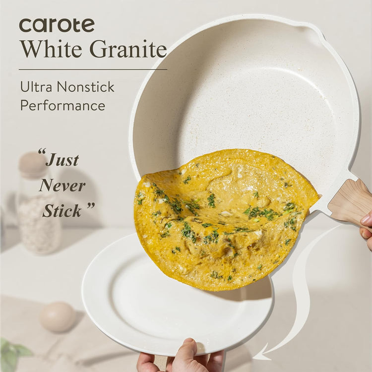 CAROTE 12Inch Nonstick Deep Frying Pan with Lid, 5.5 Qt Jumbo Cooker Saute Pan with Pour Spout, Skillet Induction Cookware, Non Stick Cooking Pan Kitchen Pan PFOA Free, White Granite