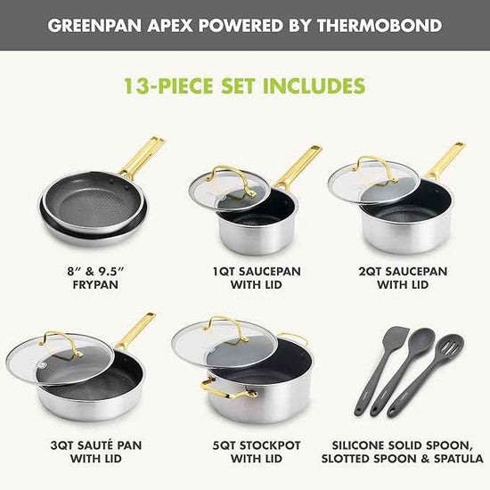 GreenPan Hybrid 13 Piece Nonstick Stainless Steel Cookware Set, APEX Tri-Ply Thermobond PFAS-Free Ceramic Pots & Pans, Induction & All Cooktop Compatible, Oven Temp to 850°F, Dishwasher Safe, Gold