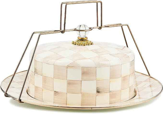 MACKENZIE-CHILDS Enamel Cake Carrier, Cake-Dish Serving Platter with Lid and Handles, Brown-and-White Mocha Check