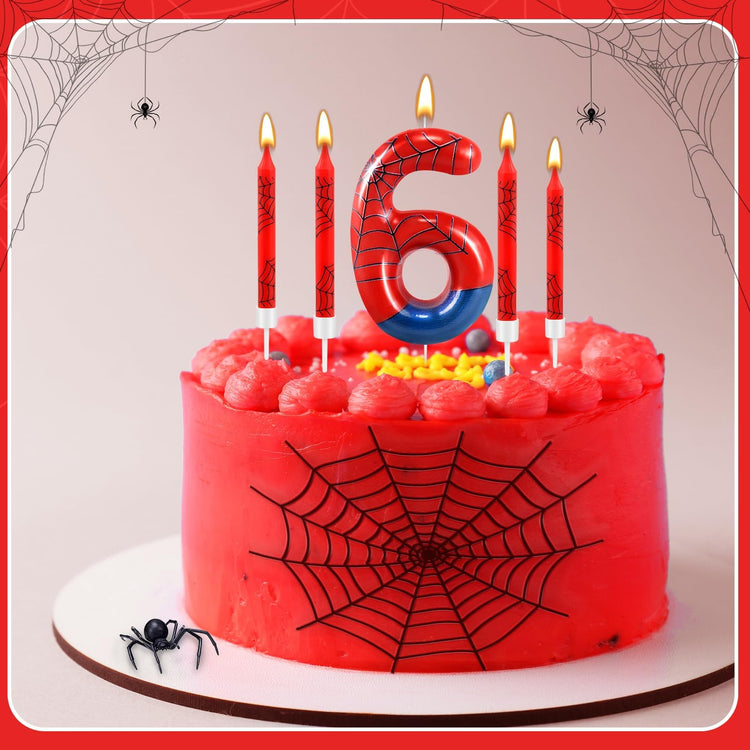 13 Pcs Spider Themed Birthday Candle Set Red Spider Theme Number 6 Candle Cake Topper for Boys Girls Birthday Decoration Spider Party Decoration Supplies (13 Count)