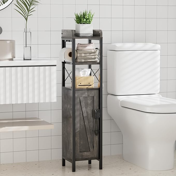VECELO Small Bathroom Cabinet, Slim Toilet Paper Holder with Magnetic Door&2 Shelves, Narrow Storage Organizer for Bathroom Restroom Tiny Space, Fenced Top Waterproof Board, Coal Grey