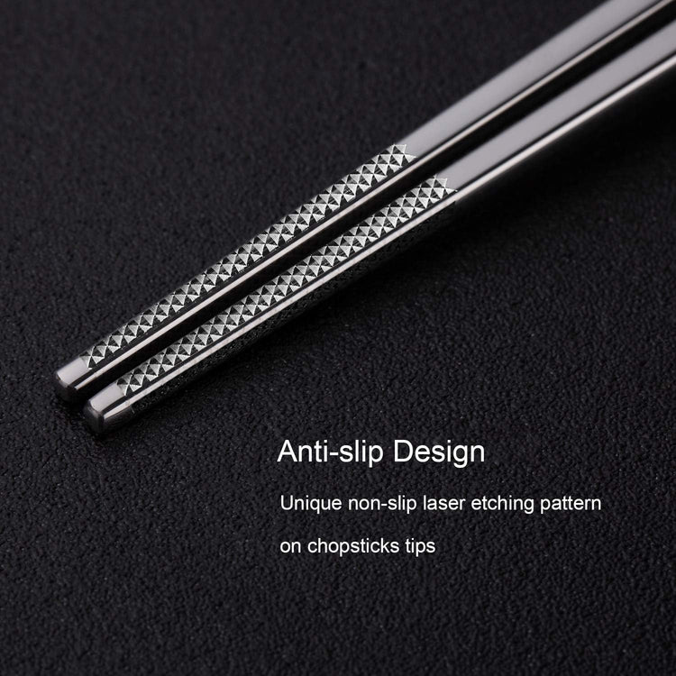 Metal Chopsticks Reusable 316 Stainless Steel Chopsticks Multipack Dishwasher Safe Chop Sticks Square Fancy Laser Engraved Non-slip Korean Chopstick for Cooking Eating 9.45 Inches 5 Pairs Gift Set