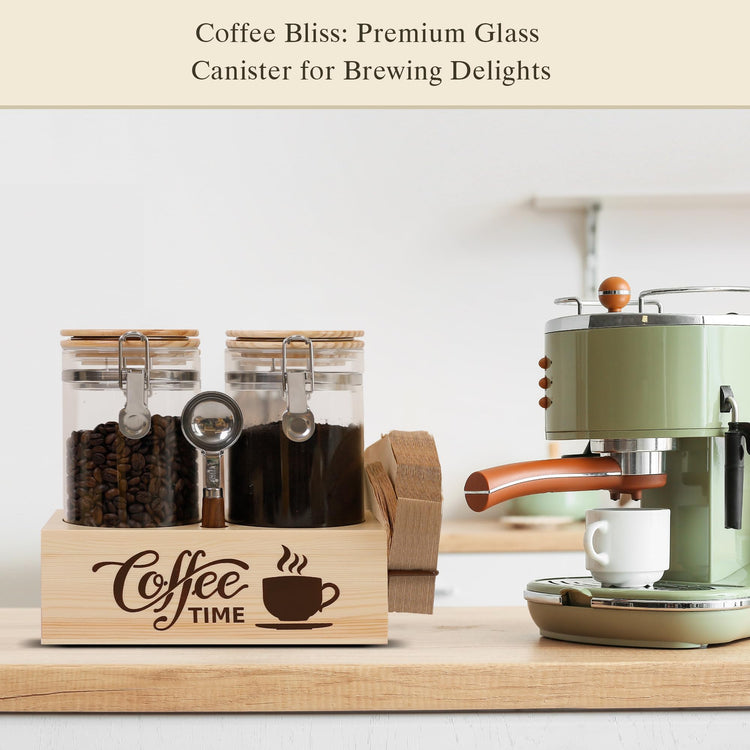 Glass Coffee Canister Set with Shelf & Spoon 2 Piece Coffee Containers for Coffee Bean Storage Airtight Seal