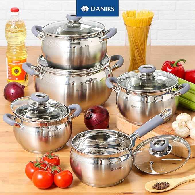 Daniks Modern 3 Quart Stainless Steel Stock Pot with Glass Lid, Tri-Ply Bottom for Even Heating, Induction Compatible, Dishwasher Safe, Heatproof Handles
