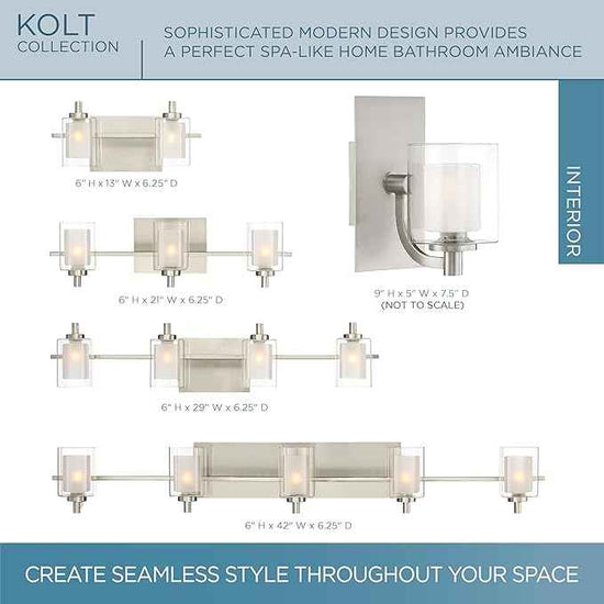 Quoizel Kolt Modern Vanity Lights, 4-Light, 29 Inch Brushed Nickel Bathroom Lighting Fixtures Over Mirror, Sandblasted Inner Glass, 50 W LED Bulb, Wall Mount Light for Bathrooms, Kitchen or Hallway