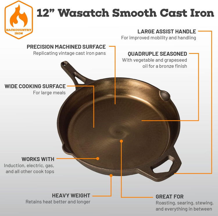 Backcountry Iron 12 Inch Smooth Wasatch Pre-Seasoned Round Cast Iron Skillet - Nestoria
