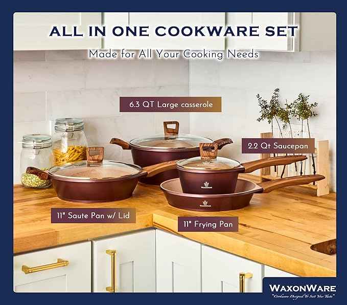 Waxonware 7pc Kitchen Pots and Pans Set Non stick German Coated, Kitchen Cookware Set Premium - Dishwasher Safe and 100% PFOA and PTFE Free - Induction Cooking Non Stick Pots and Pan Set - Marbellous
