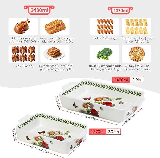 ACMLIFE Ceramic Casserole Dish Set, Ceramic Baking Dish for Oven, Casserole Dish Bakeware Set, Casserole Dishes for Oven, Lasagna Pan, Large Baking Dishes with Handles, Microwave, Dishwasher Safe, Gift Packaging Floral 2 Pcs Set(13"x8"+10.3"x6.3") (Bea...