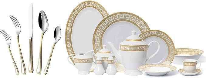 HOMEHUT 97-Piece Gold Dinnerware Set with 18/10 Premium Stainless Steel Silverware Flatware - Greek Key Gold HQ Fine China Tableware Service for 8 People